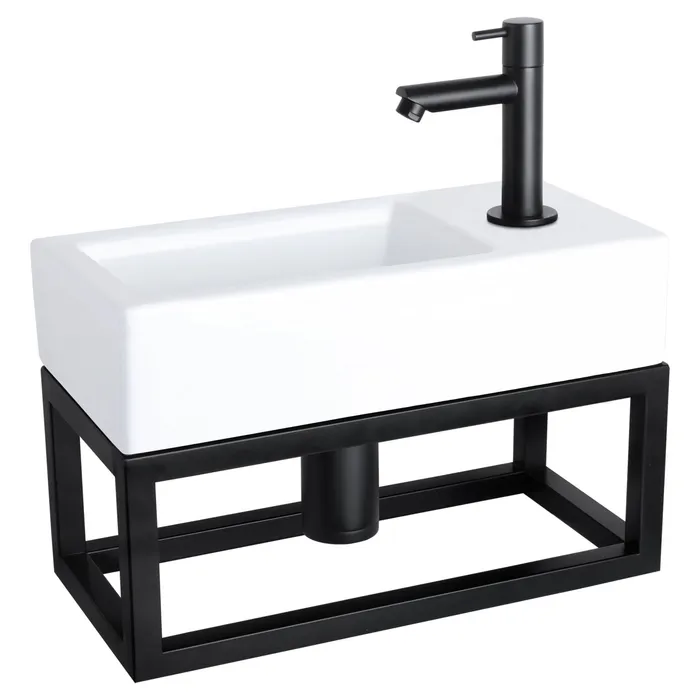 Differnz Ravo fonteinset keramiek - kraan recht - met handdoekrek - 38.5 x 18.5 x 9 cm - mat zwart