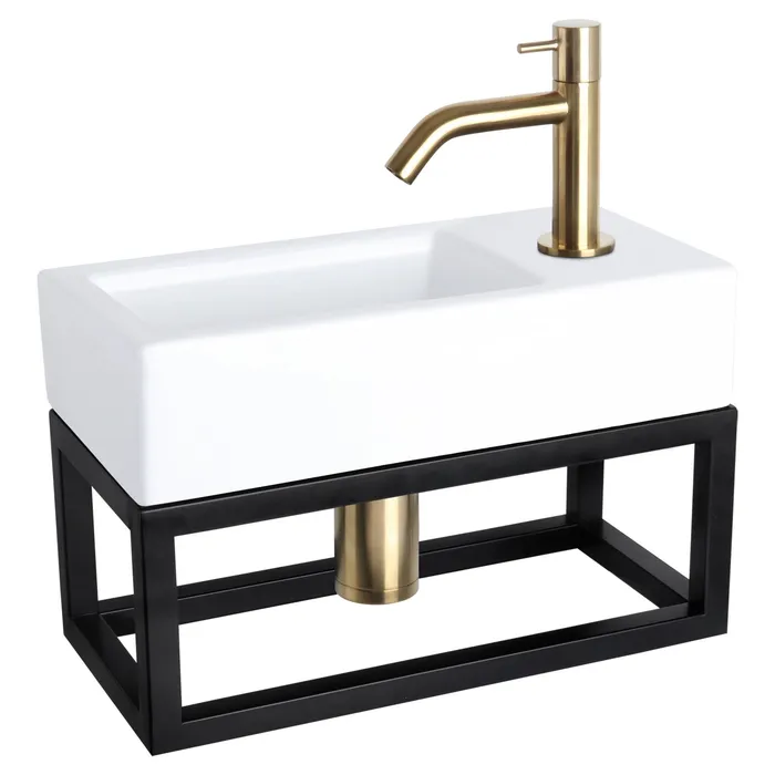 Differnz Ravo fonteinset keramiek - kraan gebogen - met handdoekrek - 38.5 x 18.5 x 9 cm - mat goud