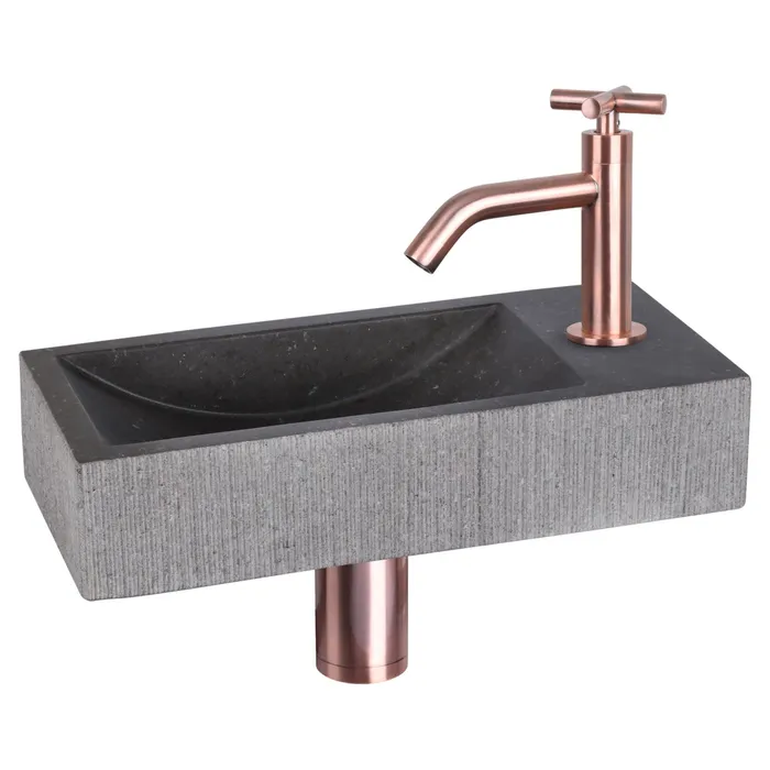 Differnz Ribble fonteinset bombai black - natuursteen - kraan gebogen - 38 x 18 x 8 cm - mat goud