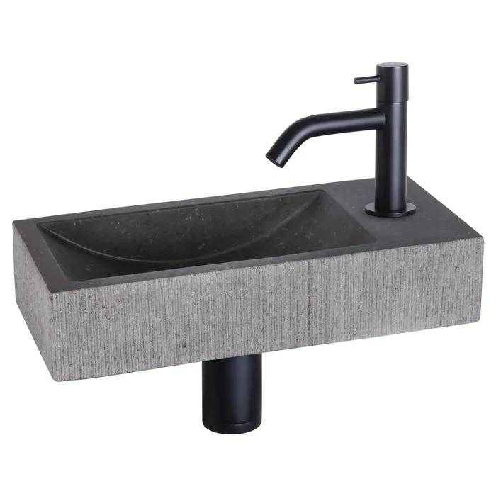 Differnz Ribble fonteinset bombai black - natuursteen - kraan gebogen - 38 x 18 x 8 cm - mat zwart
