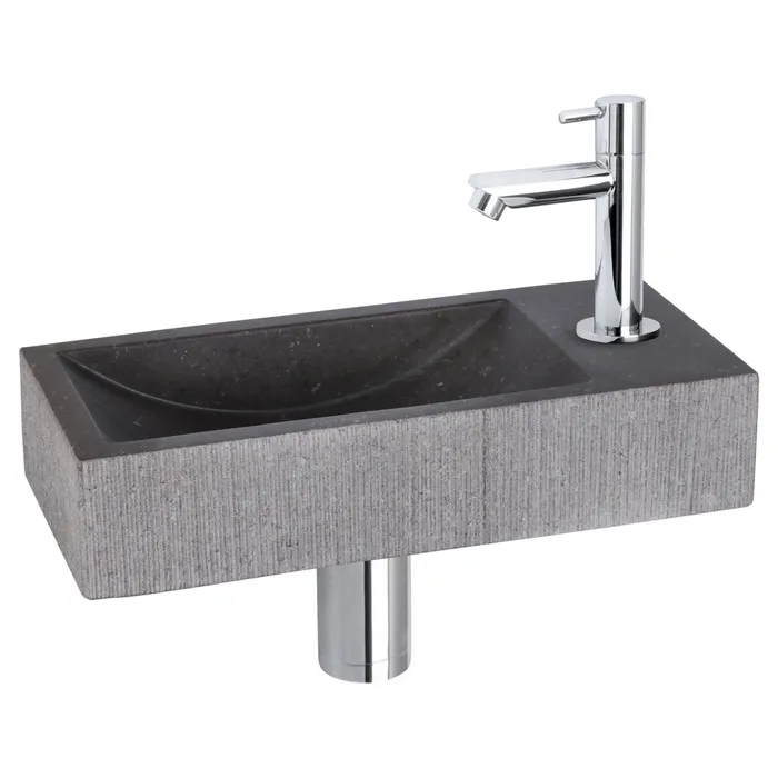 Differnz Ribble fonteinset bombai black - natuursteen - kraan recht - 38 x 18 x 8 cm - chroom