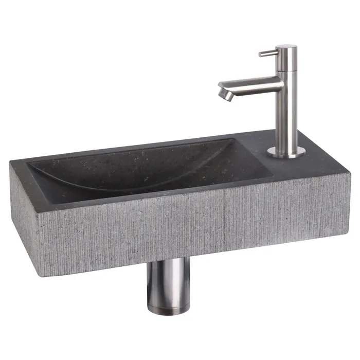 Differnz Ribble fonteinset bombai black - natuursteen - kraan recht - 38 x 18 x 8 cm - mat chroom