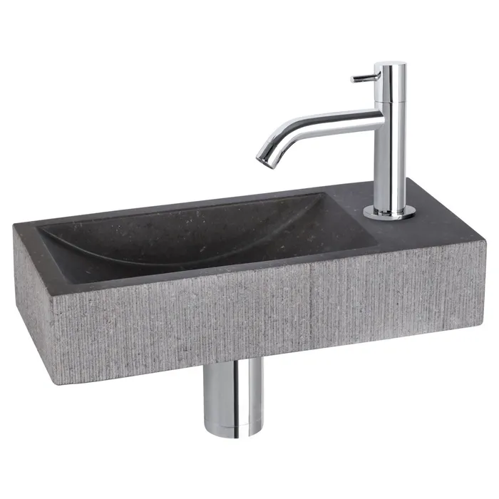Differnz Ribble fonteinset bombai black - natuursteen - kraan gebogen - 38 x 18 x 8 cm - chroom