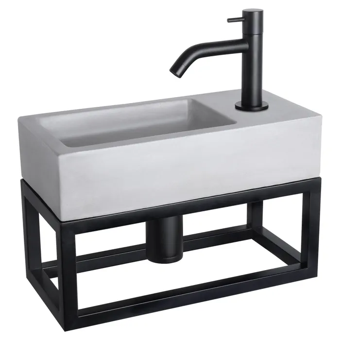 Differnz Ravo fonteinset beton lichtgrijs - kraan gebogen - met handdoekrek - 38.5 x 18.5 x 9 cm - mat zwart